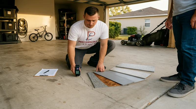 Epoxy installer testing garage floor moisture