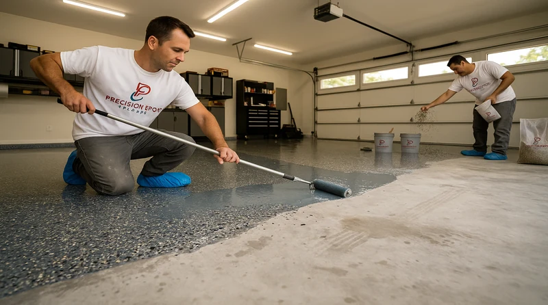Crew applying decorative flake epoxy coating