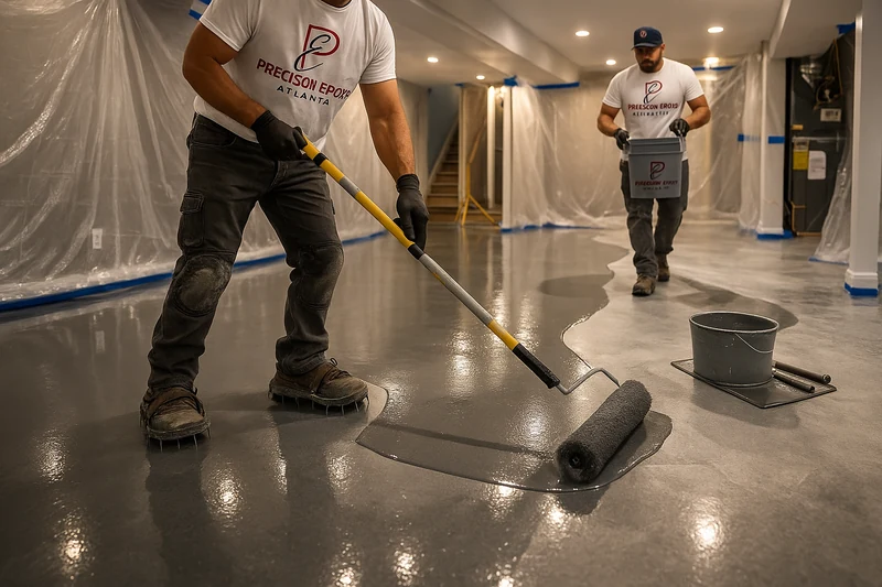Applying epoxy coating to residential floor