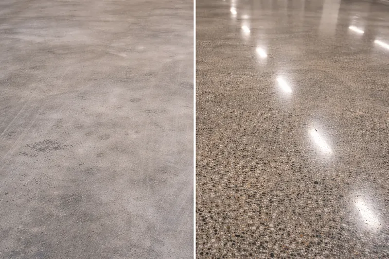 Polished concrete before and after — raw concrete vs high-gloss finish metro Atlanta